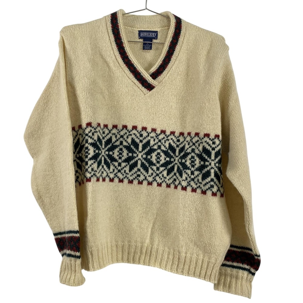 Lands' End Sweater Womens Large Cream V Neck Fair Isle Virgin Wool Made USA